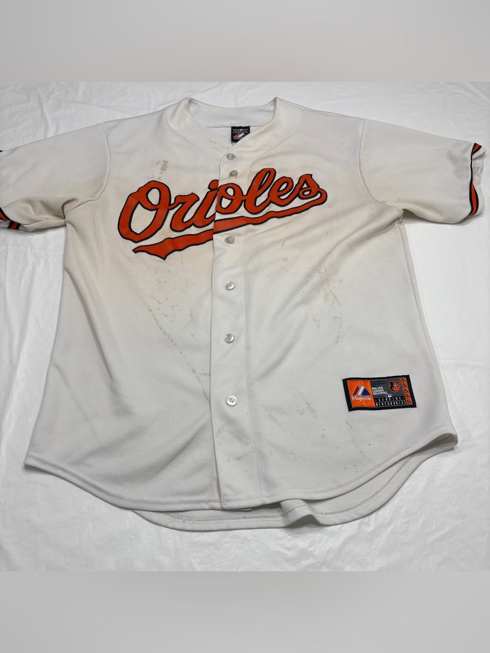 Majestic Baltimore Orioles DJ Strick White Jersey Measures Men’s Large Stained!